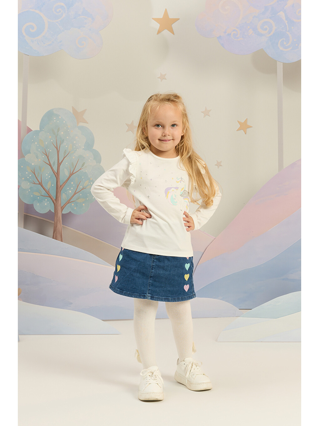 Kalp Nakışlı Bel Lastikli Örme Denim Etek 2-6 Yaş Mavi-2
