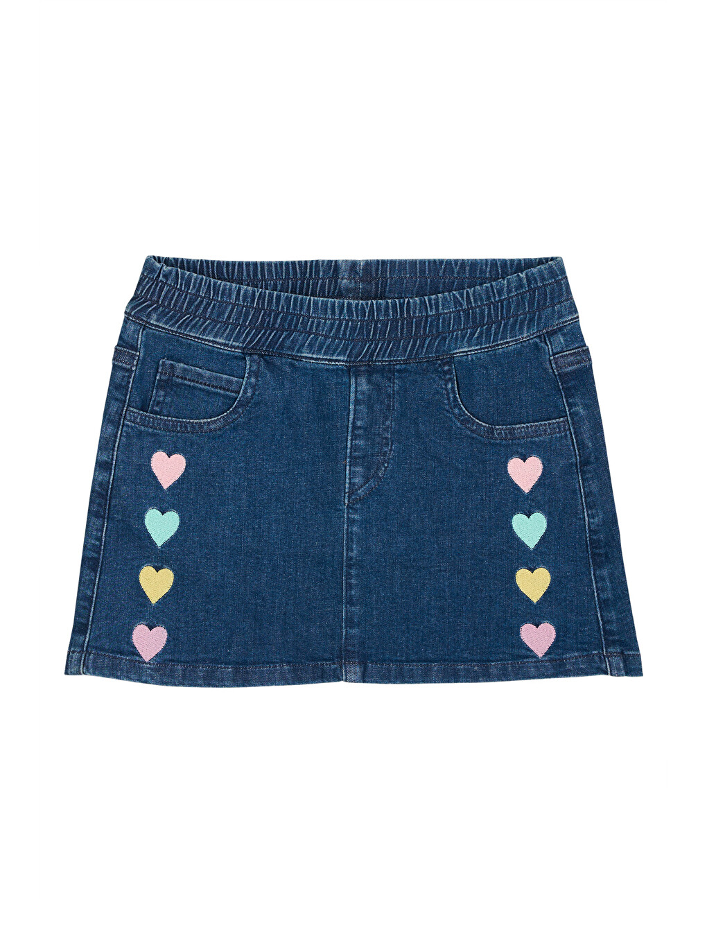 Kalp Nakışlı Bel Lastikli Örme Denim Etek 2-6 Yaş Mavi-3