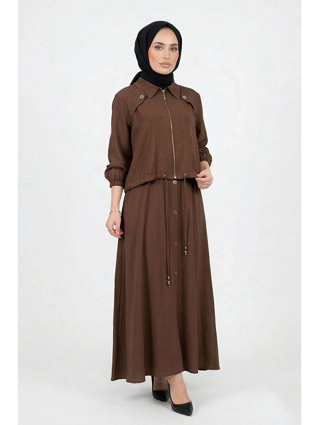 Aller ve Çıt Çıt Detay Modal Bolerolu Elbise921 Kahverengi-3