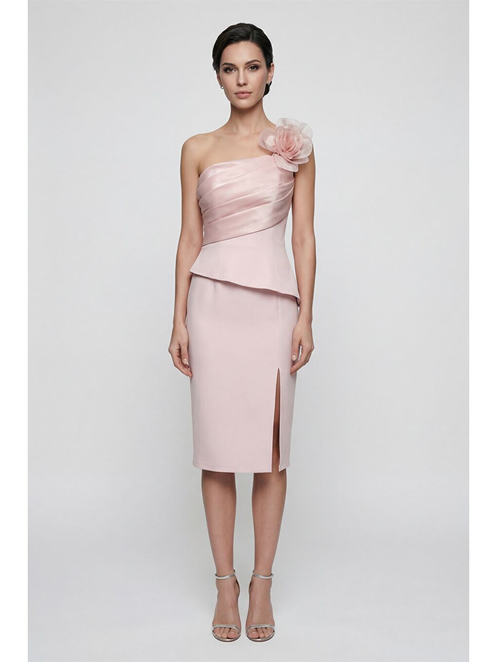 Pembe Kadın Pudra Çiçek Detaylı Midi Söz Nişan Nikah Abiye Elbise