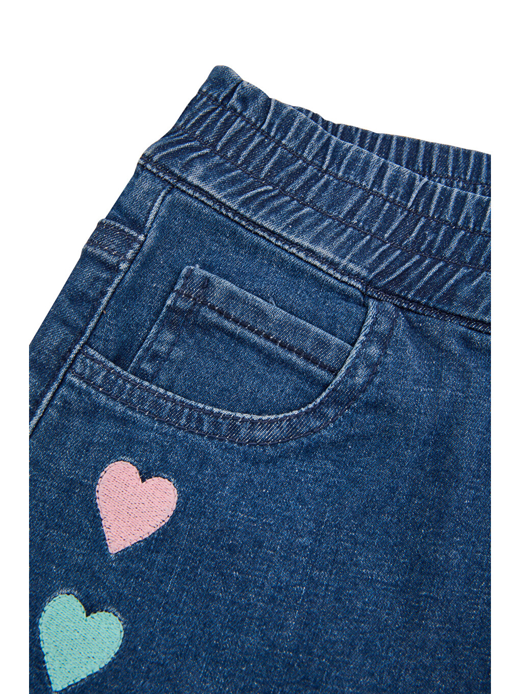 Kalp Nakışlı Bel Lastikli Örme Denim Etek 2-6 Yaş Mavi-5