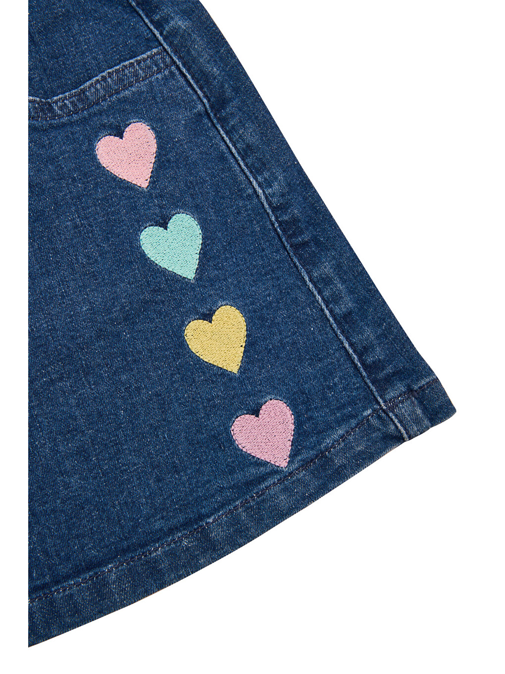 Kalp Nakışlı Bel Lastikli Örme Denim Etek 2-6 Yaş Mavi-6