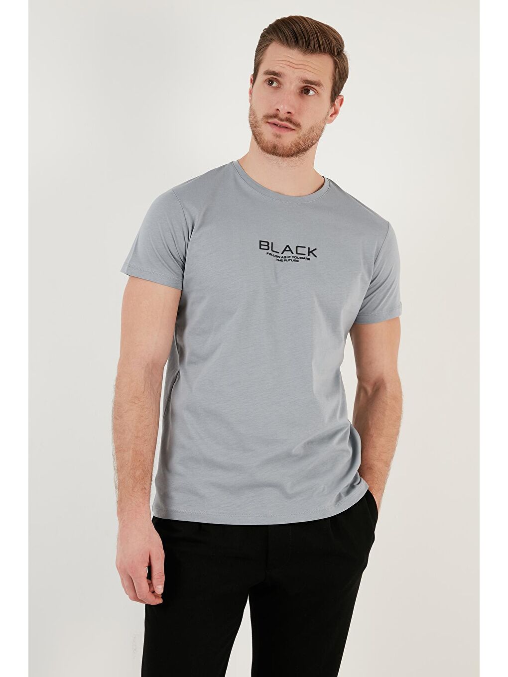 Buratti Açık Gri Baskılı Bisiklet Yaka % 100 Pamuk Slim Fit T Shirt 541FOLLOW - 4