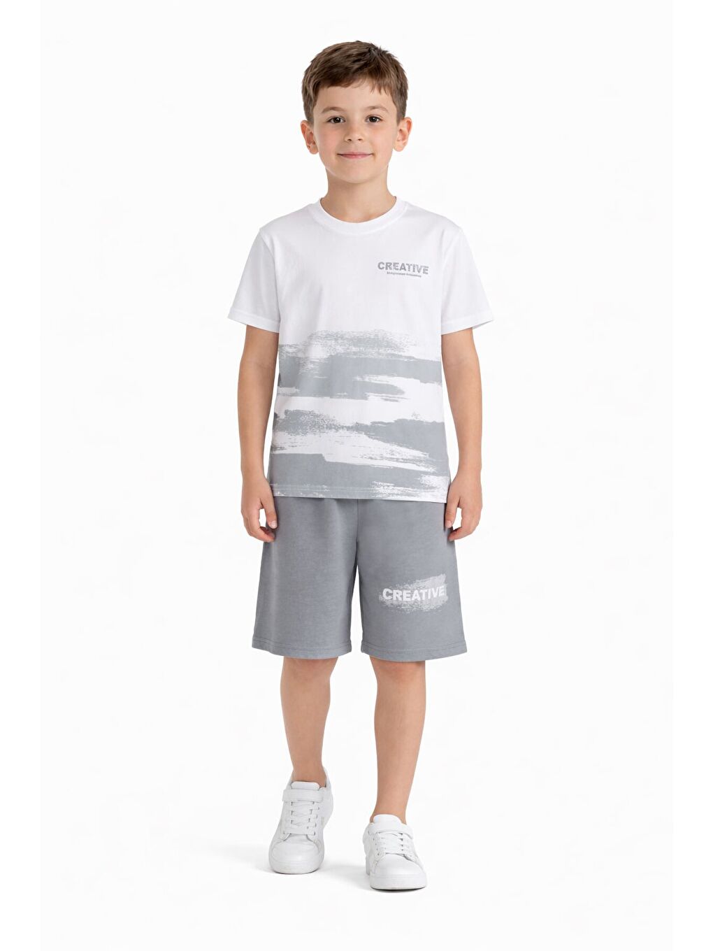 Gri Creative Yazılı Desenli Tişörtlü Erkek Çocuk Şortlu Takım 23792-2