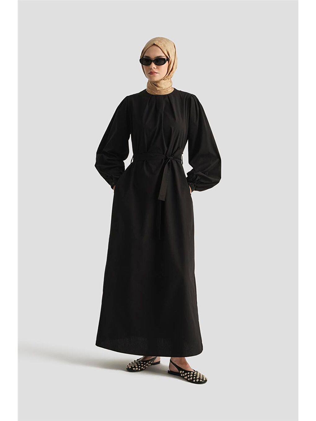 Pile Detaylı Pamuk Elbise 25Y9024 Siyah-1