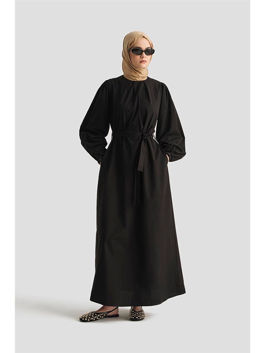 Pile Detaylı Pamuk Elbise 25Y9024 Siyah-2