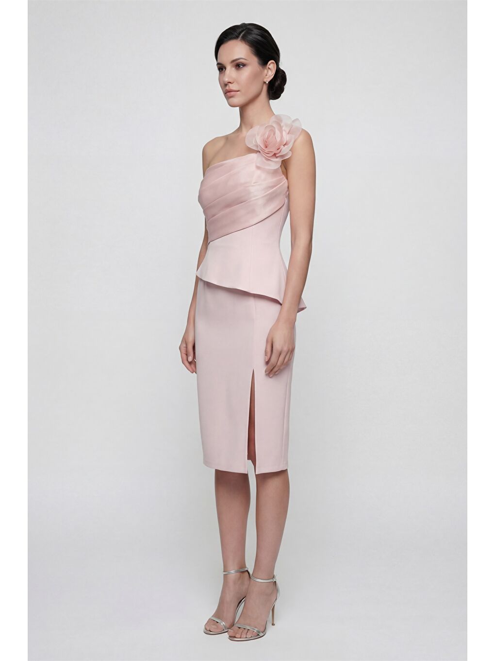 Pembe Kadın Pudra Çiçek Detaylı Midi Söz Nişan Nikah Abiye Elbise-2