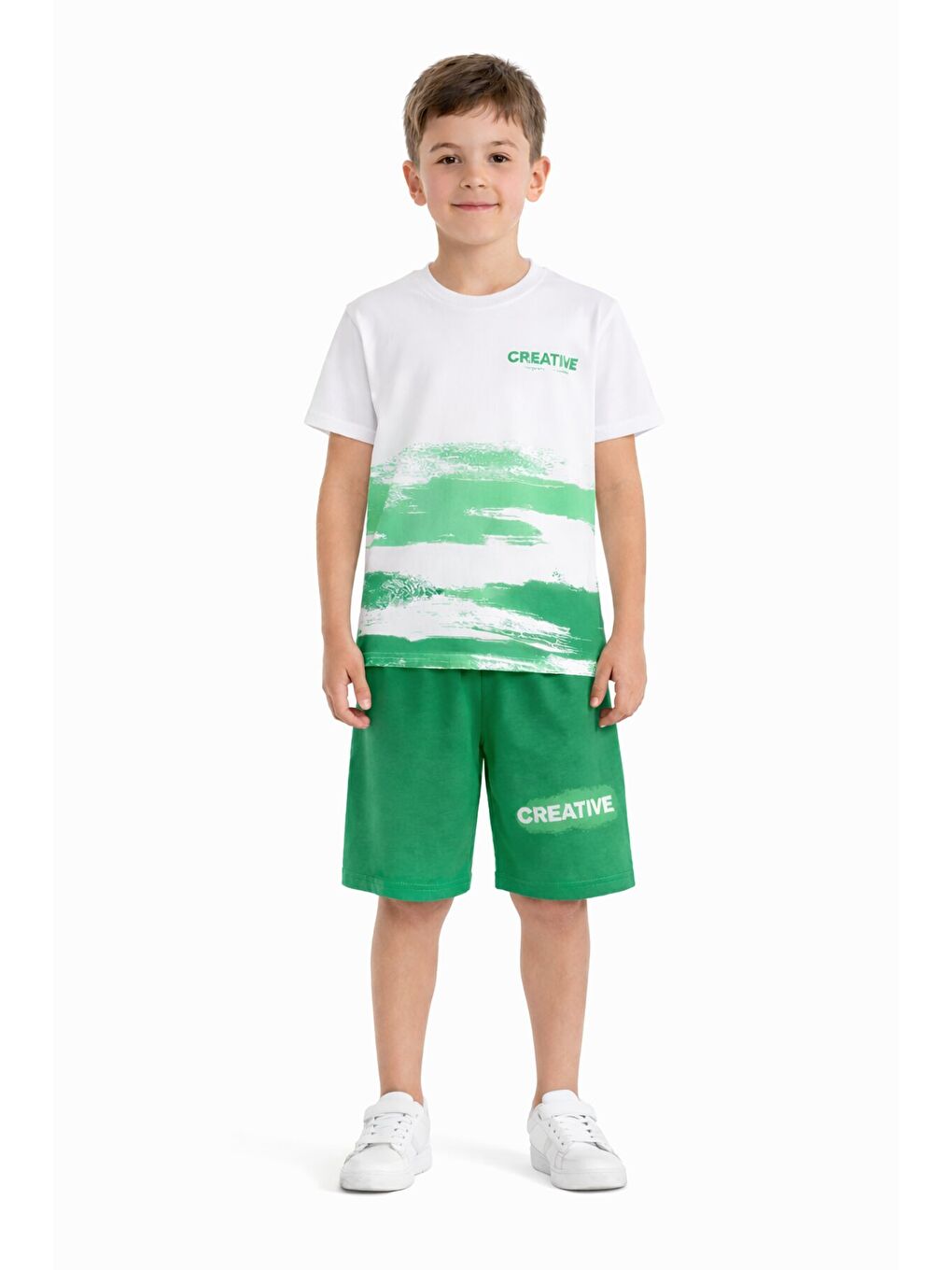 Yeşil Creative Yazılı Desenli Tişörtlü Erkek Çocuk Şortlu Takım 23790-2
