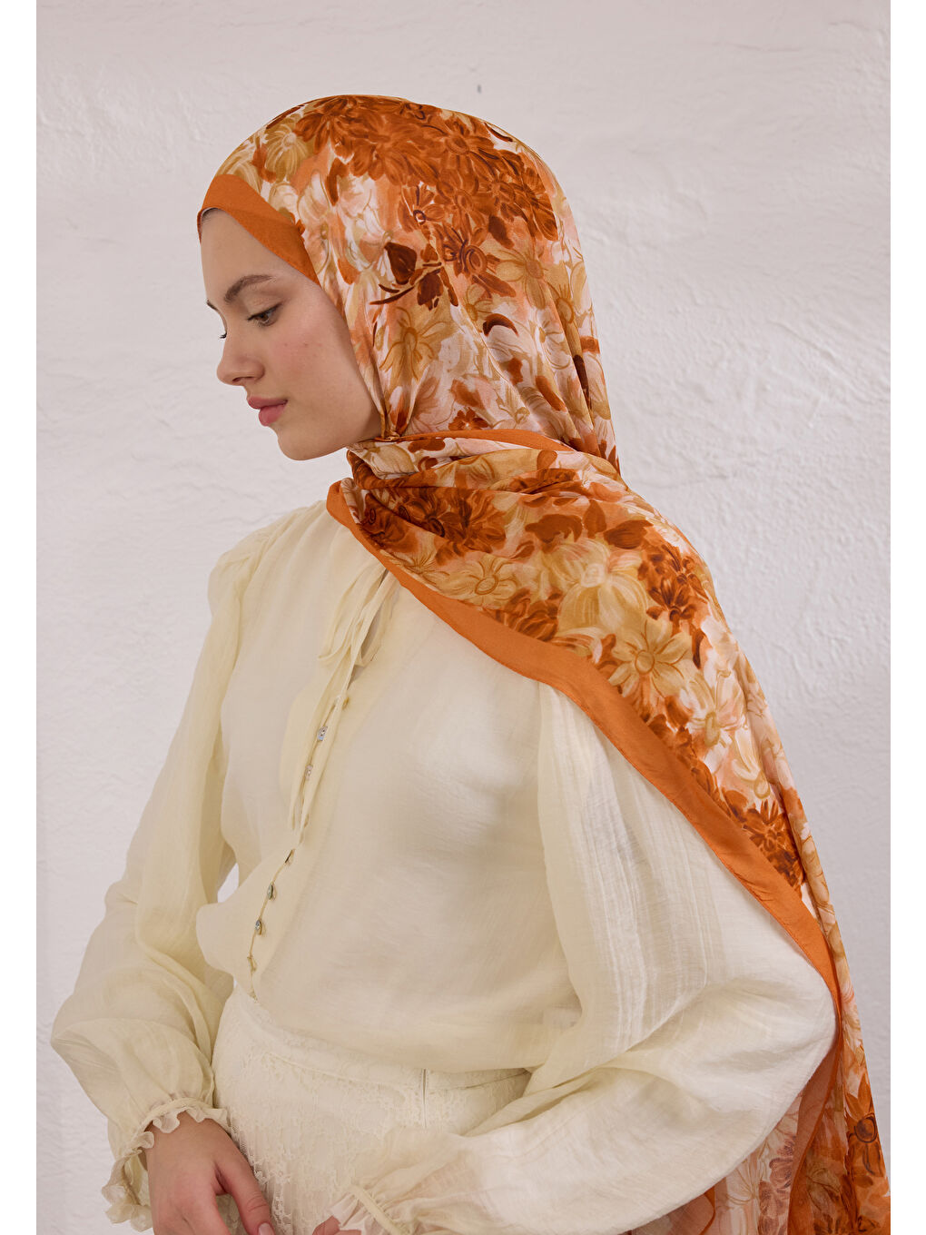 Summer Bloom Desen Rami Şal Turuncu-3