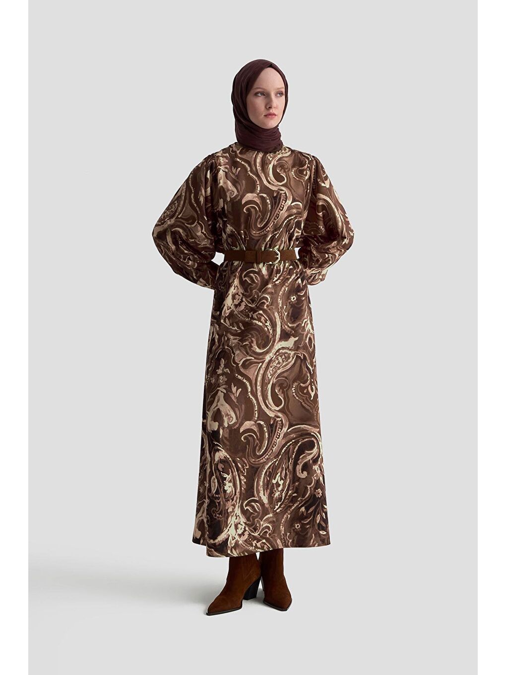 Kahverengi Desenli Elbise 25K9127 Camel