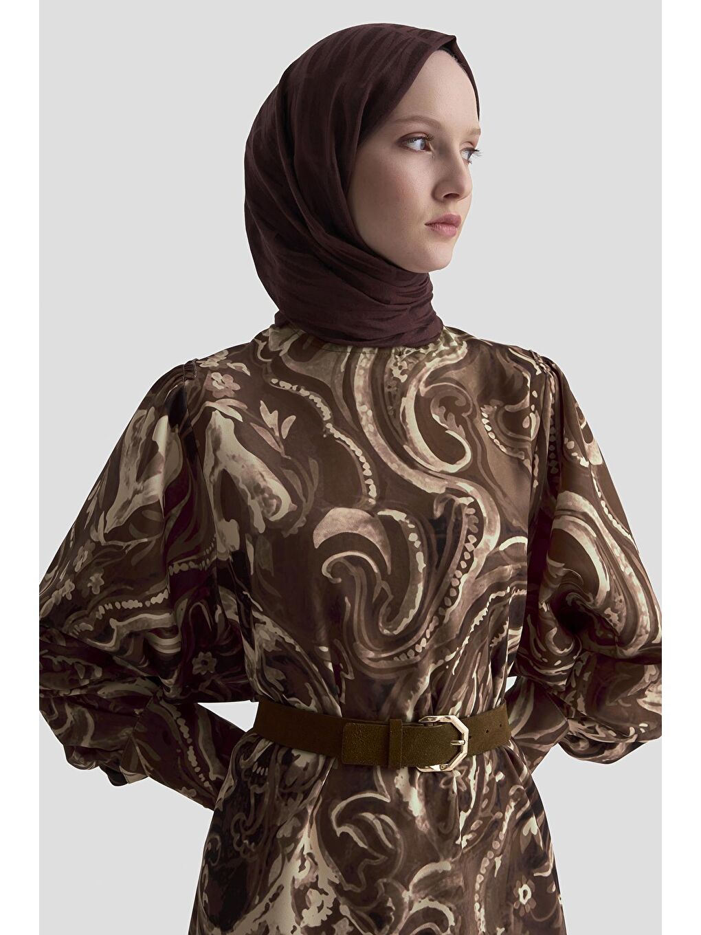 Kahverengi Desenli Elbise 25K9127 Camel-1