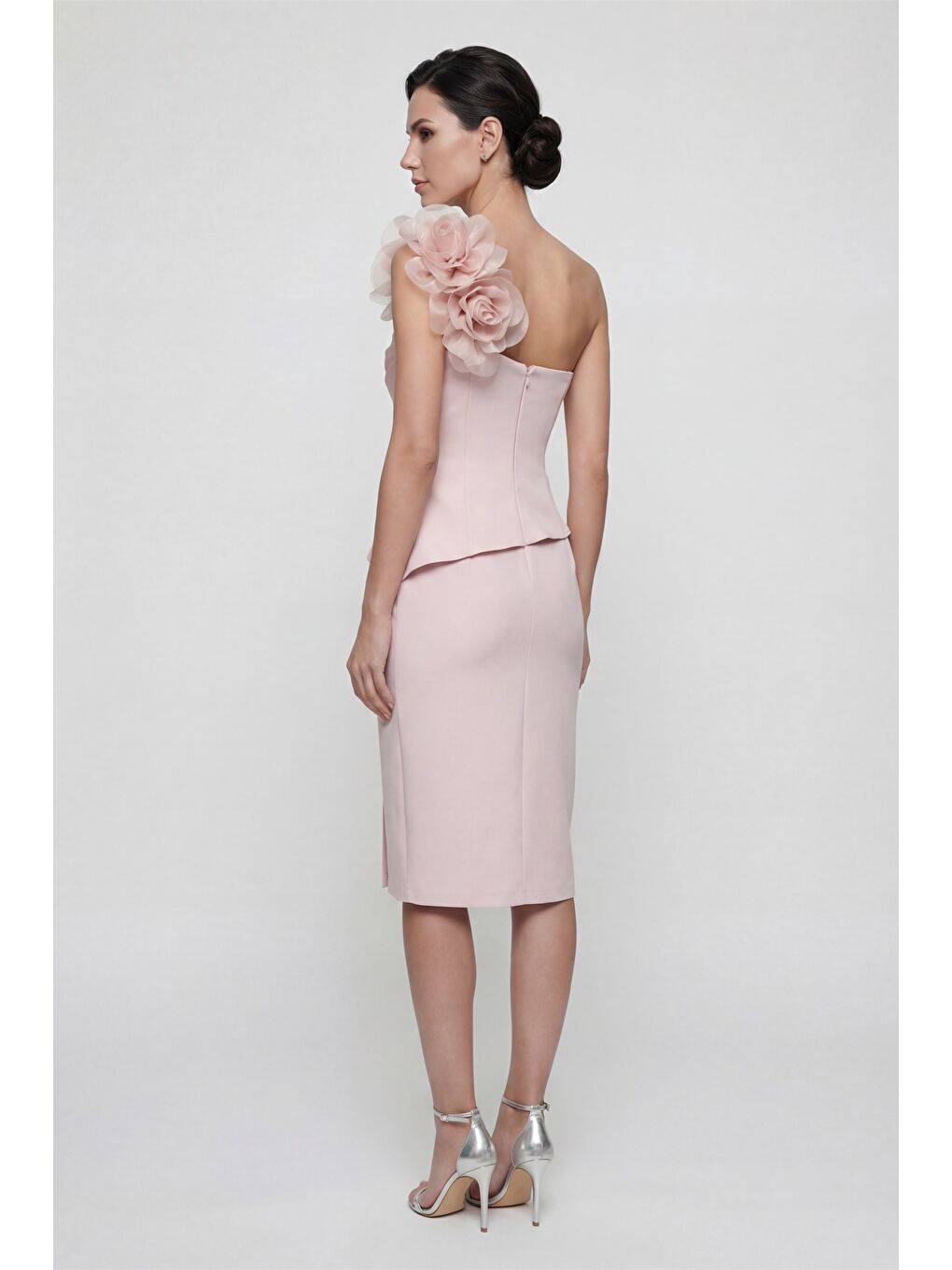 Pembe Kadın Pudra Çiçek Detaylı Midi Söz Nişan Nikah Abiye Elbise-5