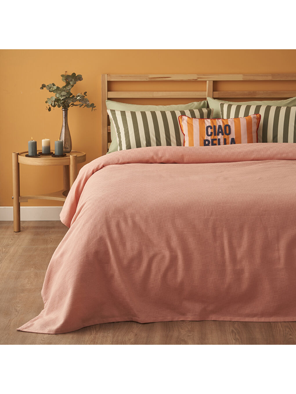 Bella Maison Pembe %100 Pamuk Line Çift Kişilik Pike Takımı Somon (200x220 cm)