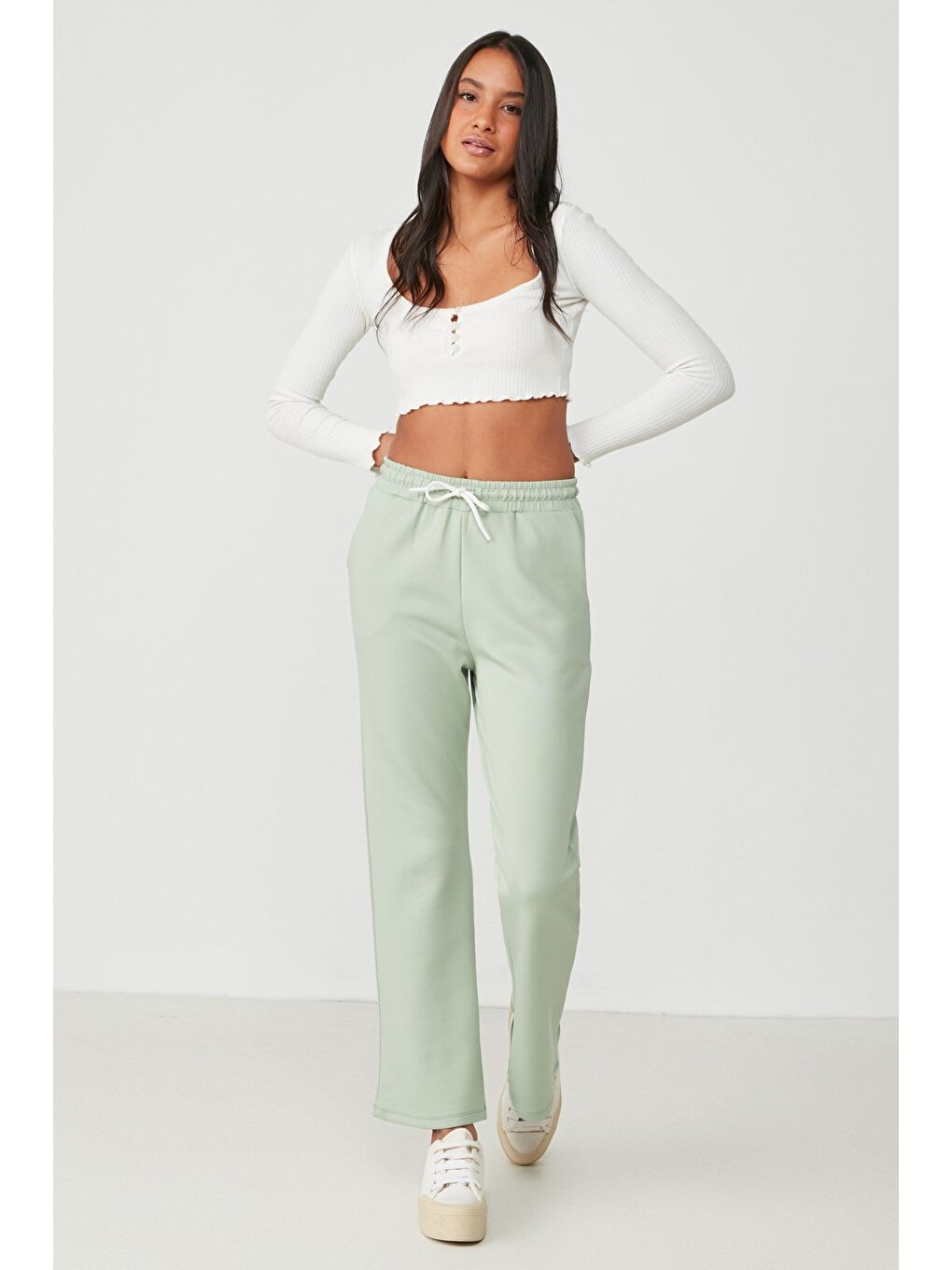 Wide Leg İspanyol Paça Eşofman Altı 804 Fıstık Yeşil-1