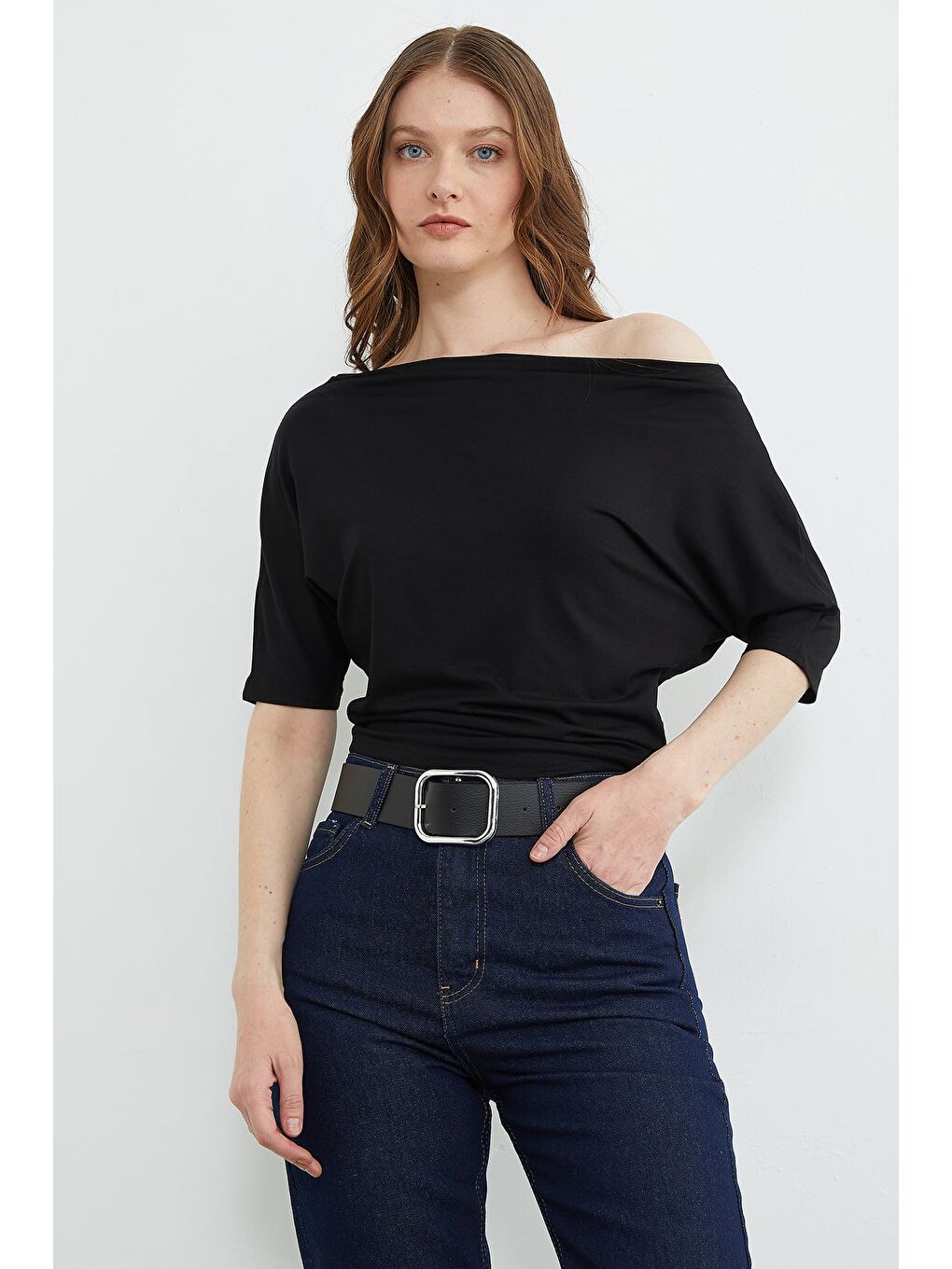 Siyah Yarasa Kol Kayık Yaka Bluz