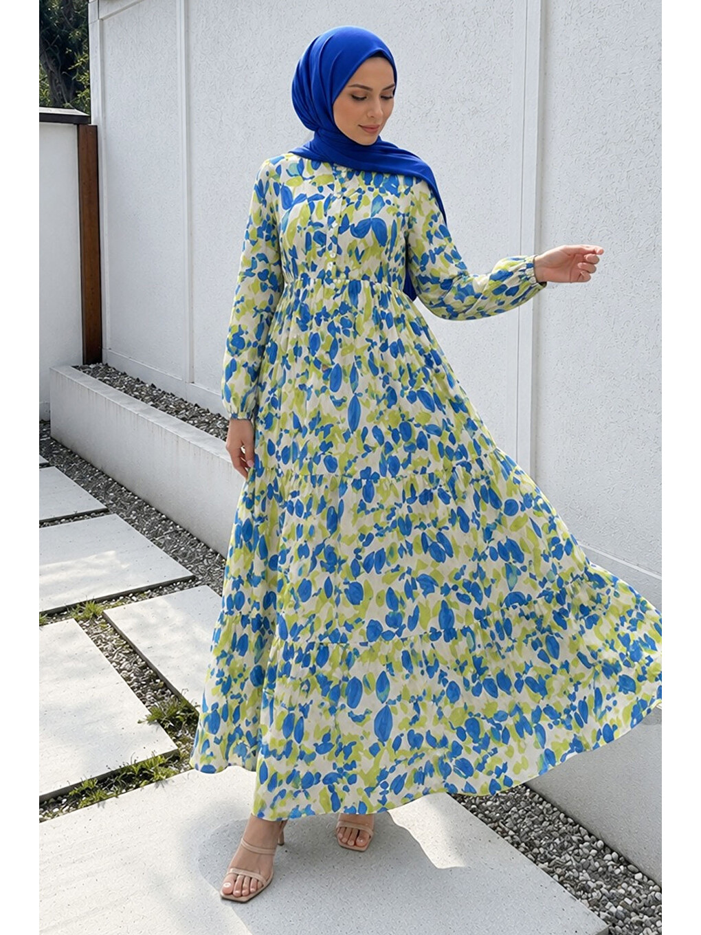 Pat Detaylı Yaprak Desenli Elbise Tsd260261 Mavi
