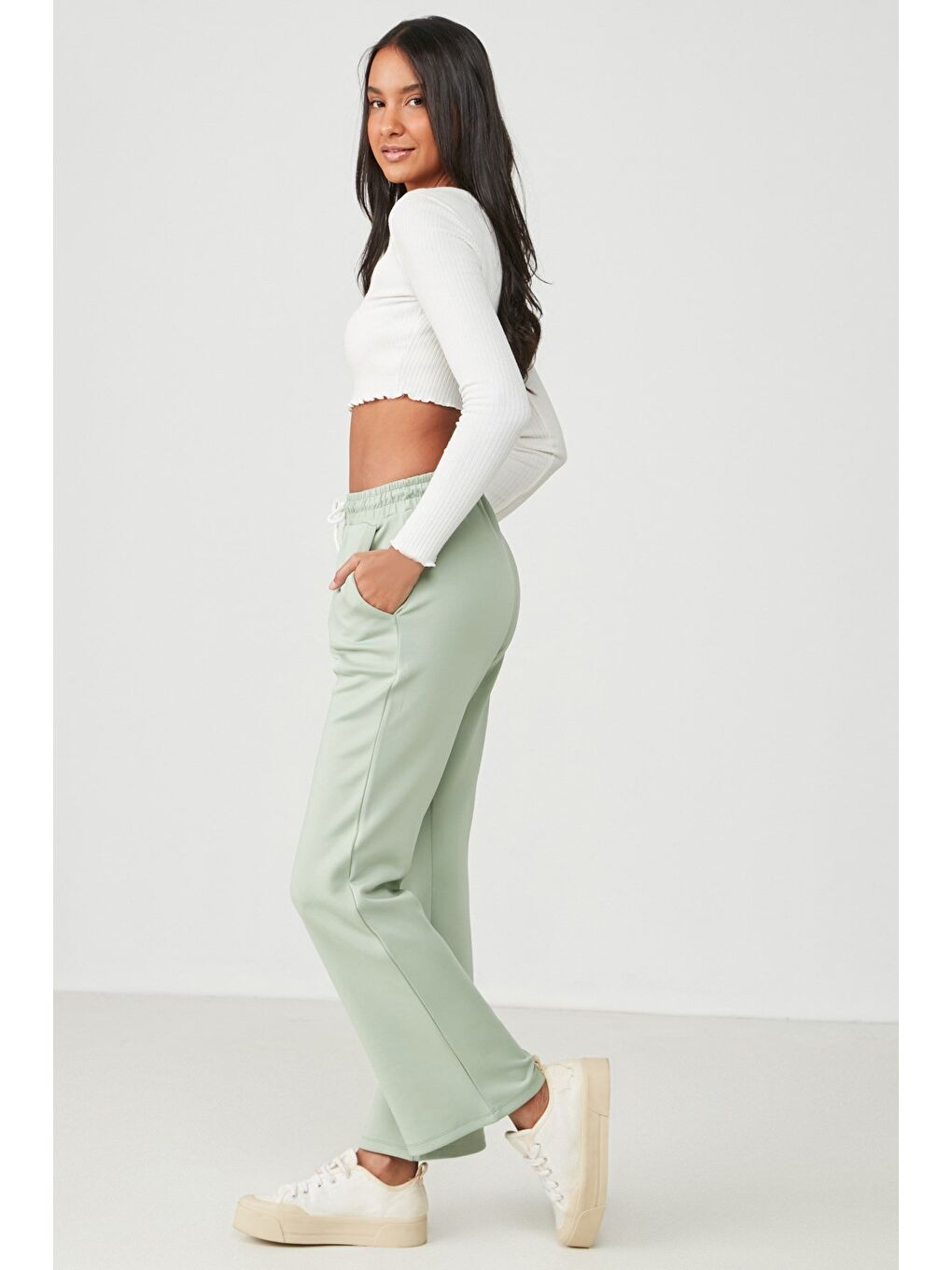 Wide Leg İspanyol Paça Eşofman Altı 804 Fıstık Yeşil-2
