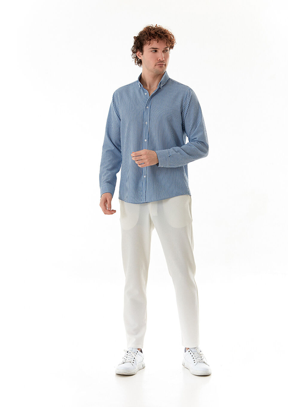 Mavi Çizgili Gofre Kumaş Gömlek-2