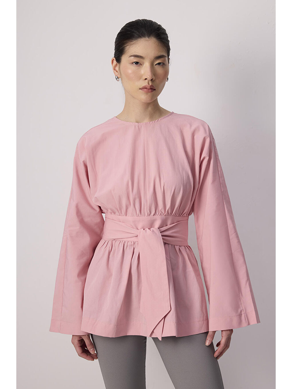 Pembe Bağlama Detaylı Poplin Tunik-1