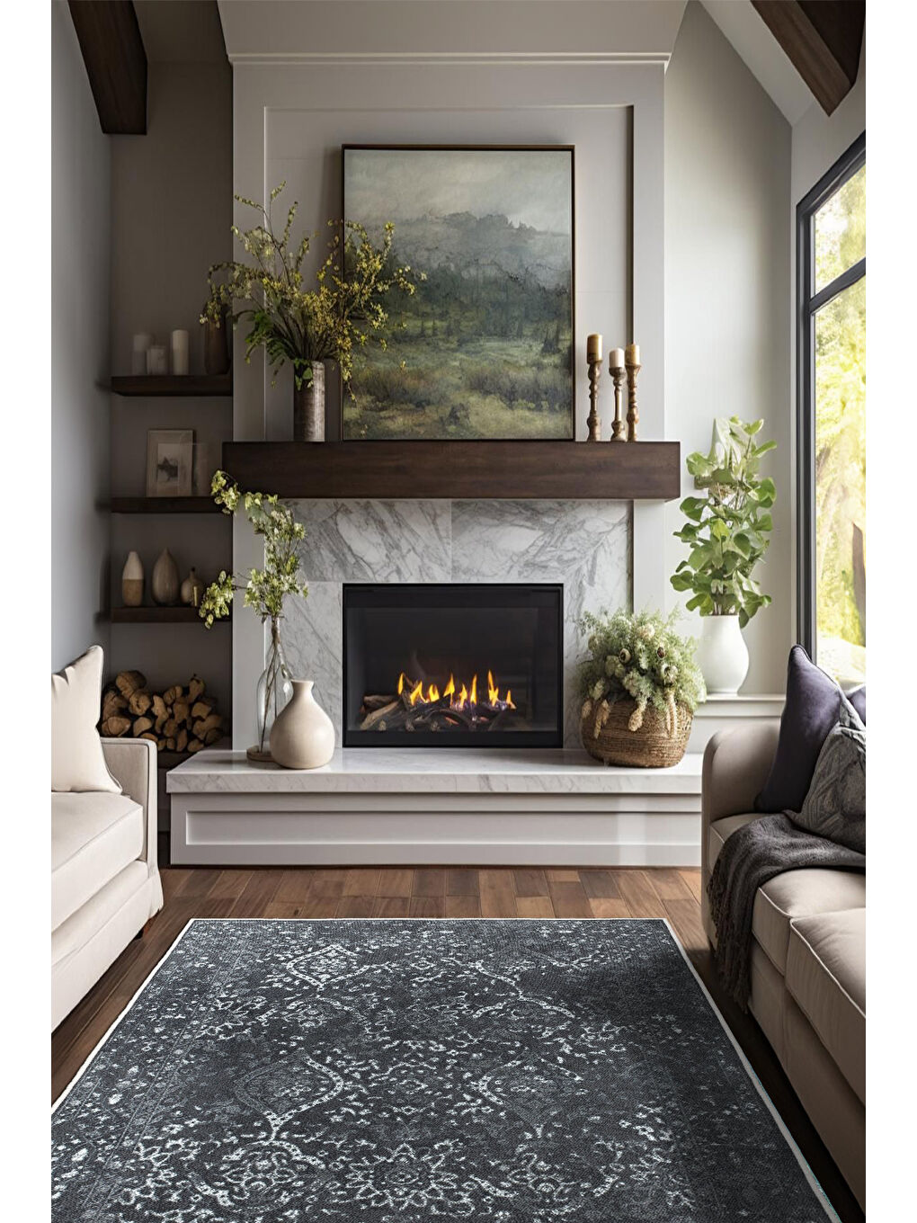 Siyah Dekoratif Özel Tasarım Yıkanabilir İnce Kaymaz Tabanlı Modern Halı KECE FR07-2