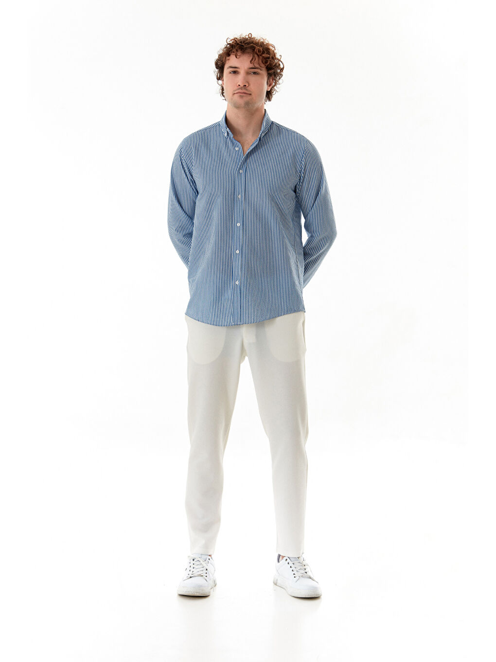 Mavi Çizgili Gofre Kumaş Gömlek-3