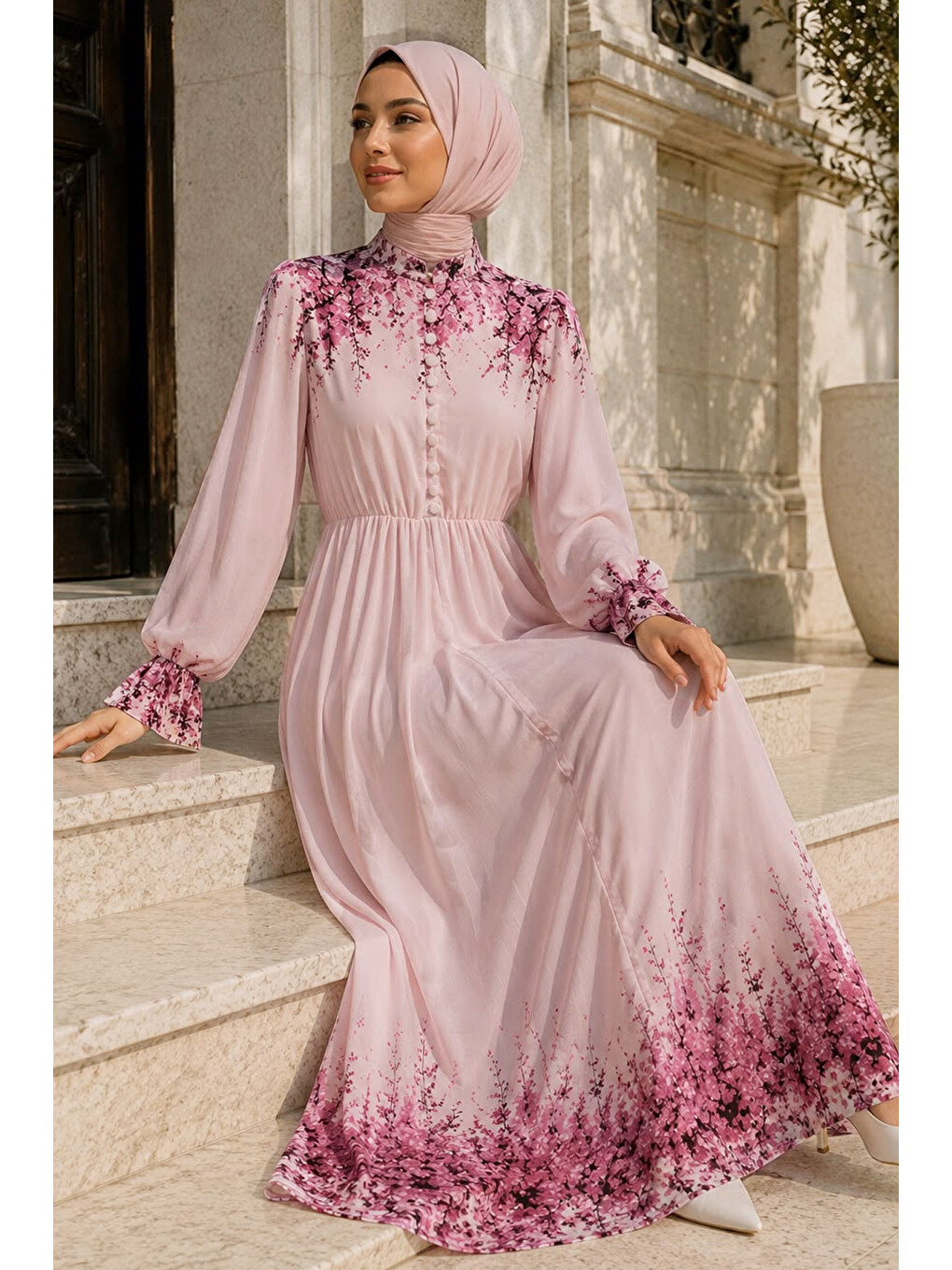 Çiçek Baskılı Yarım Düğmeli Şifon Elbise Tsd260258 Pembe-4