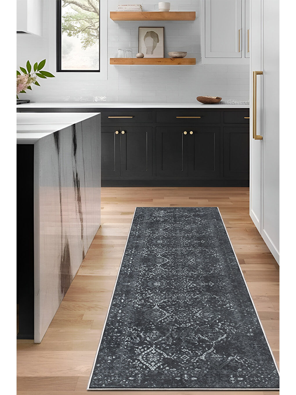 Siyah Dekoratif Özel Tasarım Yıkanabilir İnce Kaymaz Tabanlı Modern Halı KECE FR07-4