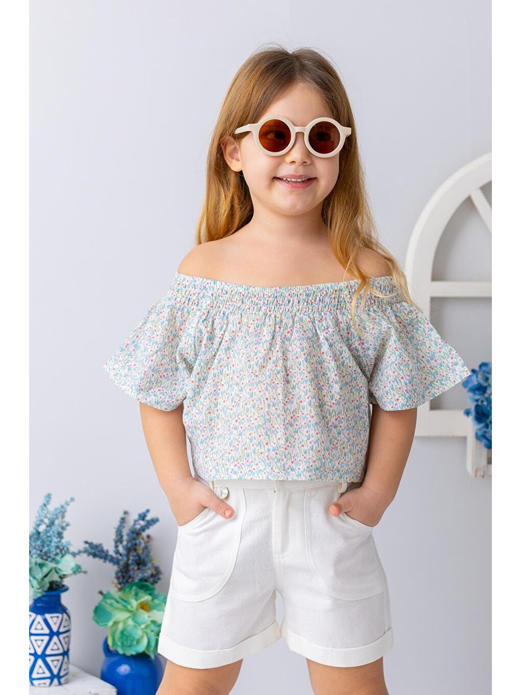 Karışık Kız Çocuk Çiçek Desenli Crop Bluz - Desenli-3