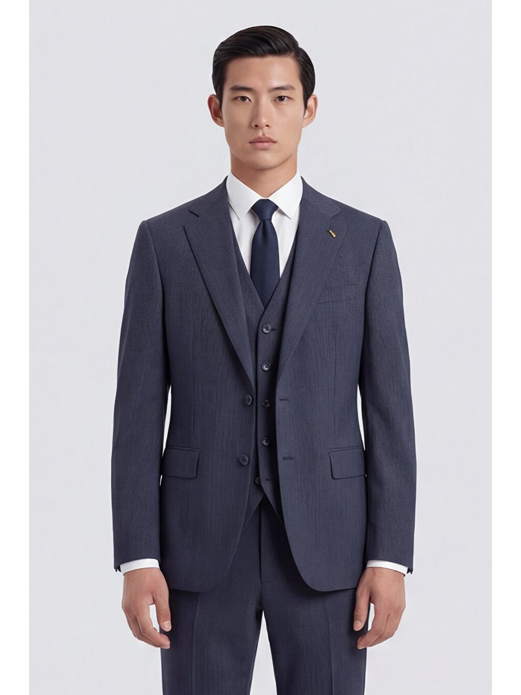 Giotelli Erkek Açık Lacivert Slim Fit Çizgili Mono Yaka Yelekli 6 Drop Takım Elbise