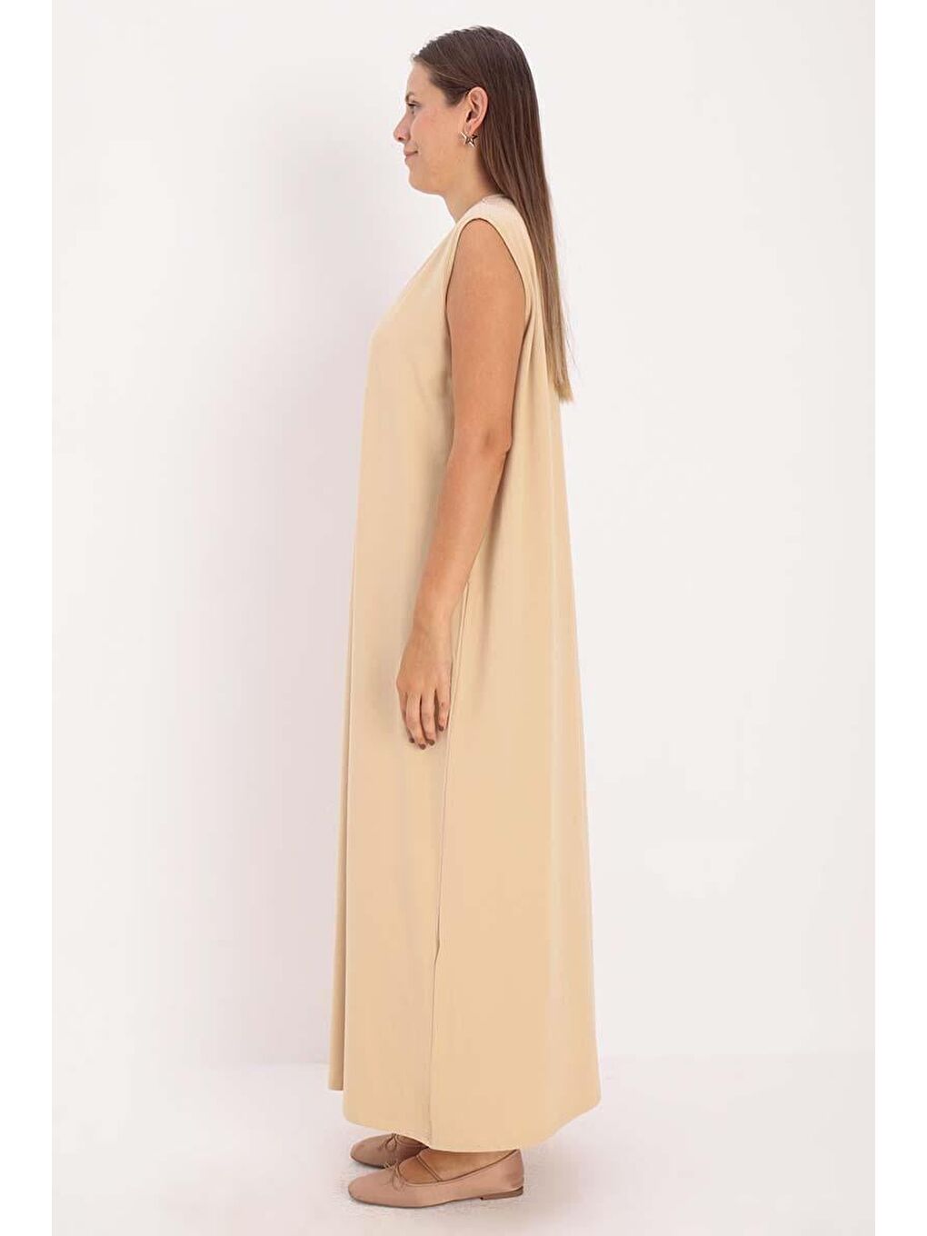 Bej-Büyük Beden Pamuklu Bisiklet Yaka Kolsuz Elastanlı İçlik Elbise-2