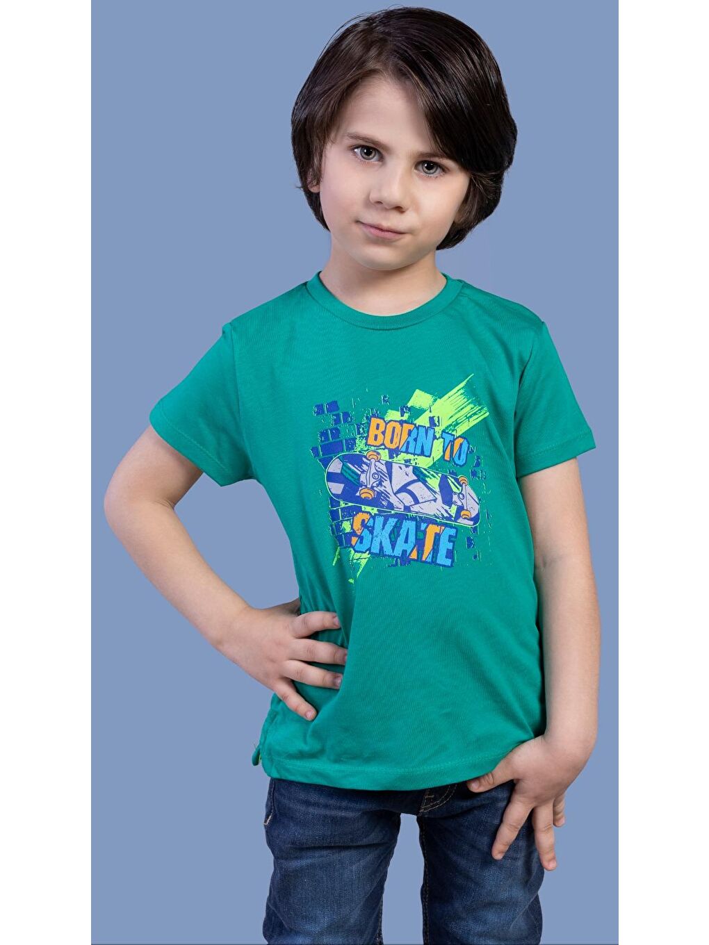 Yeşil Erkek Çocuk Born To Skate Baskılı Tişört