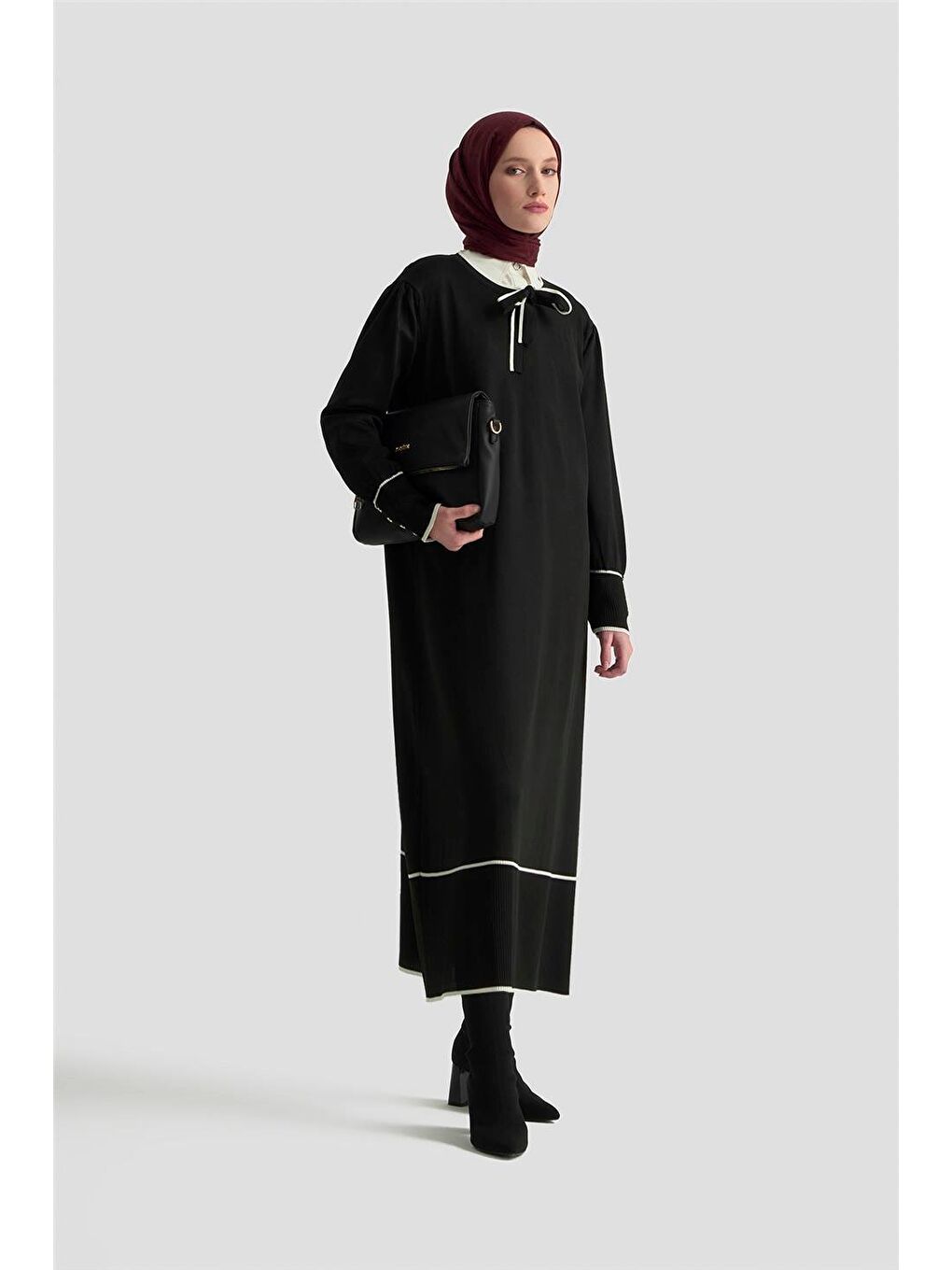 Fularlı Triko Elbise 25Ktd955 Siyah