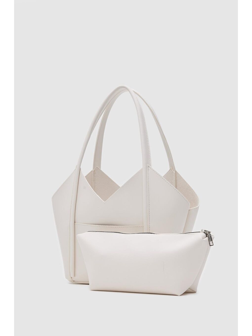 Ekru Geza Asimetrik Omuz Çantası Krem-2