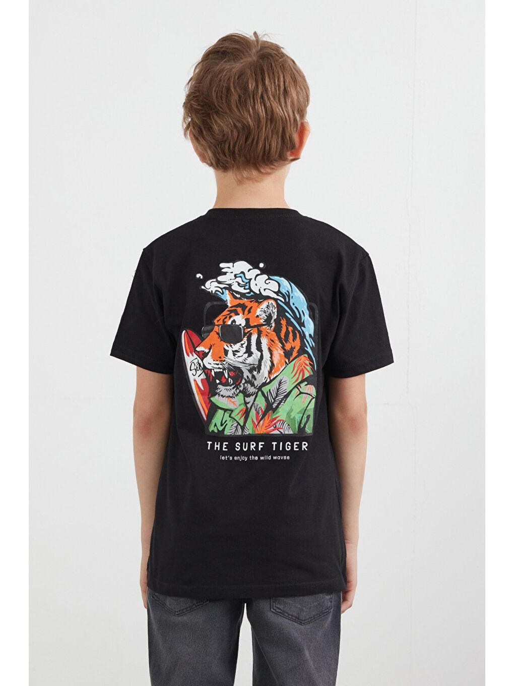 Siyah %100 Pamuk The Surf Tiger Baskılı Erkek Çocuk Tişört-3