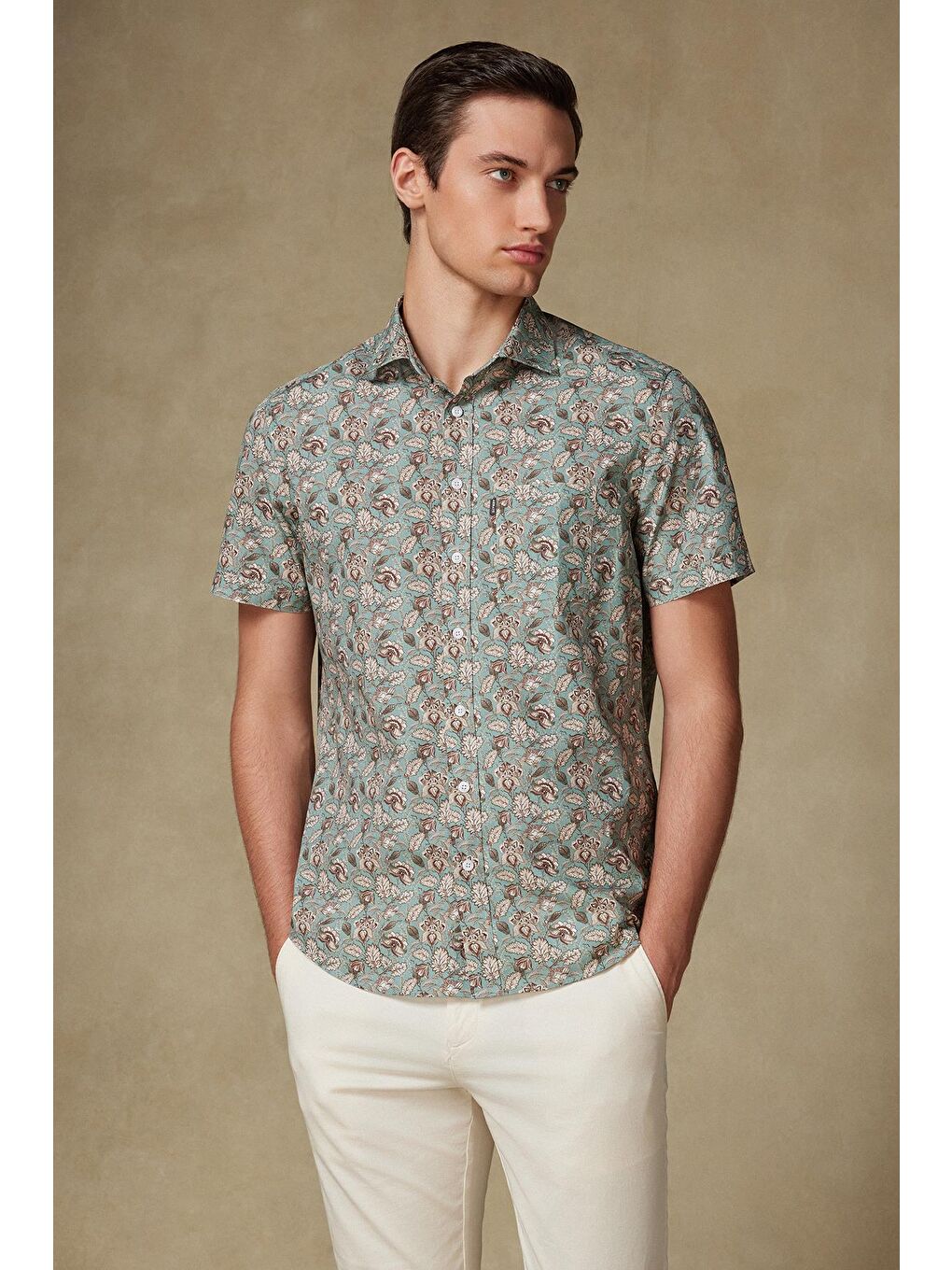 Vento Poplin Pamuklu Comfort Fit Yeşil Klasik Yaka Erkek Baskılı %100 Pamuk Gömlek