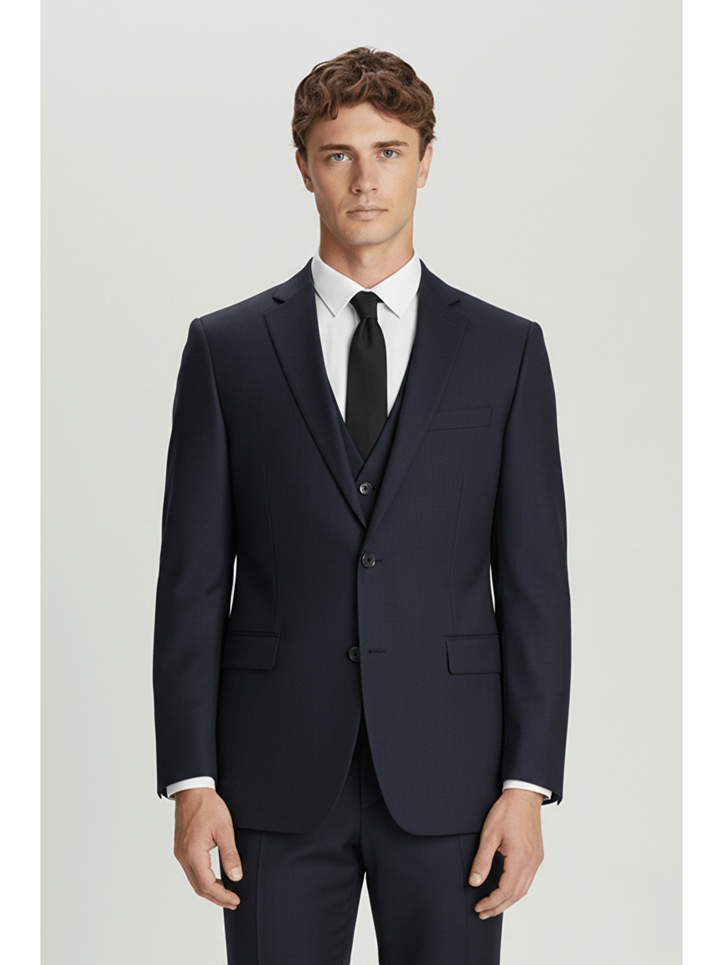 Lacivert Regular Fit Yünlü Mono Yaka Yelekli Takım Elbise