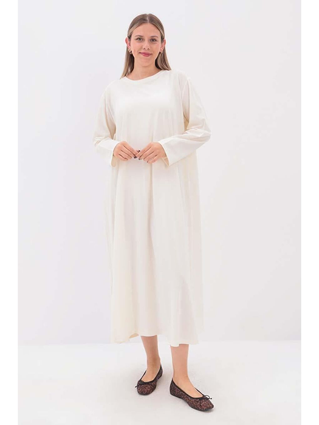 Ekru-Uzun Kollu İçlik Elbise