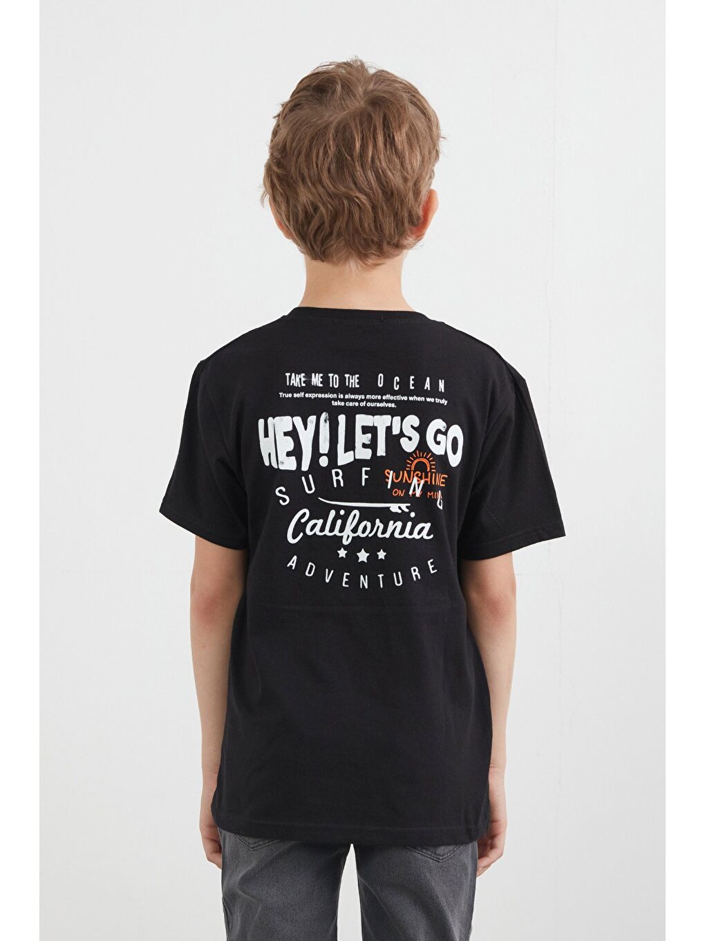 Siyah %100 Pamuk Önü Ve Arkası Yazı Baskılı Erkek Çocuk Tişört-4