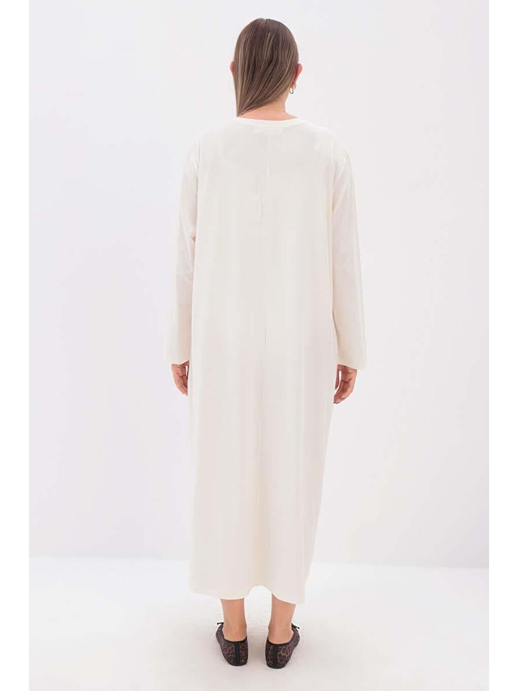 Ekru-Uzun Kollu İçlik Elbise-3