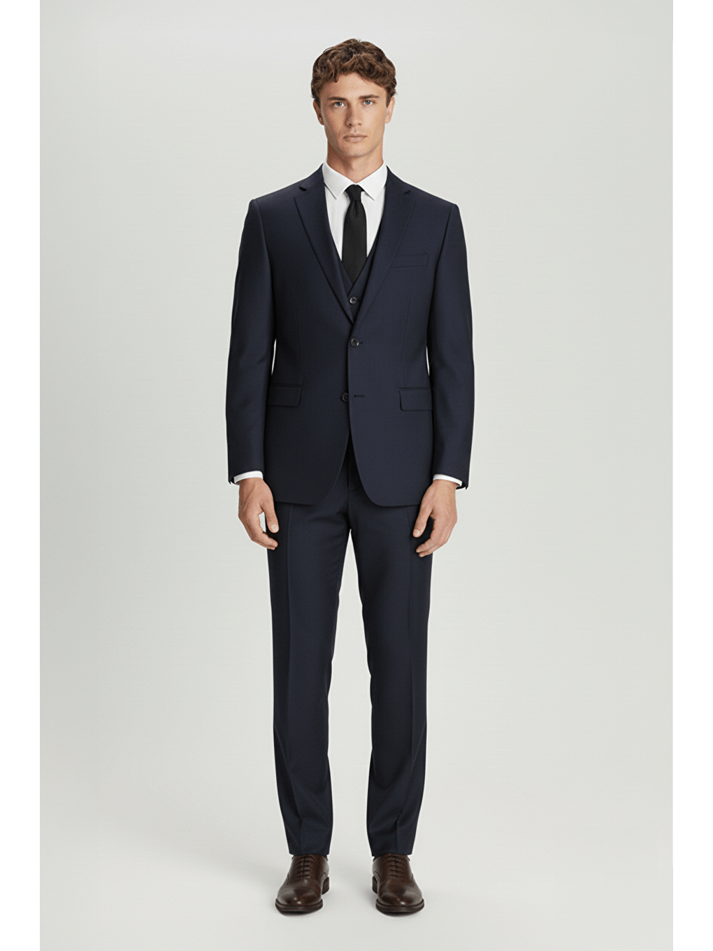 Lacivert Regular Fit Yünlü Mono Yaka Yelekli Takım Elbise-1