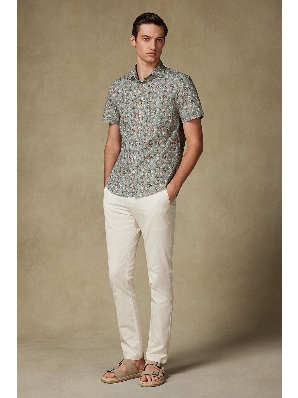 Vento Poplin Pamuklu Comfort Fit Yeşil Klasik Yaka Erkek Baskılı %100 Pamuk Gömlek-2