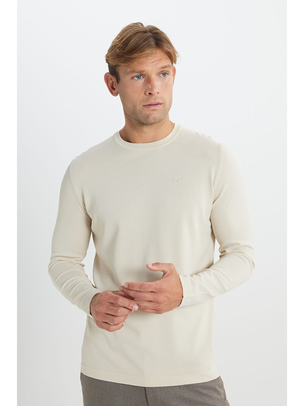 Erkek Bej Standart Fit Normal Kesim Bisiklet Yaka Triko Basic Kazak