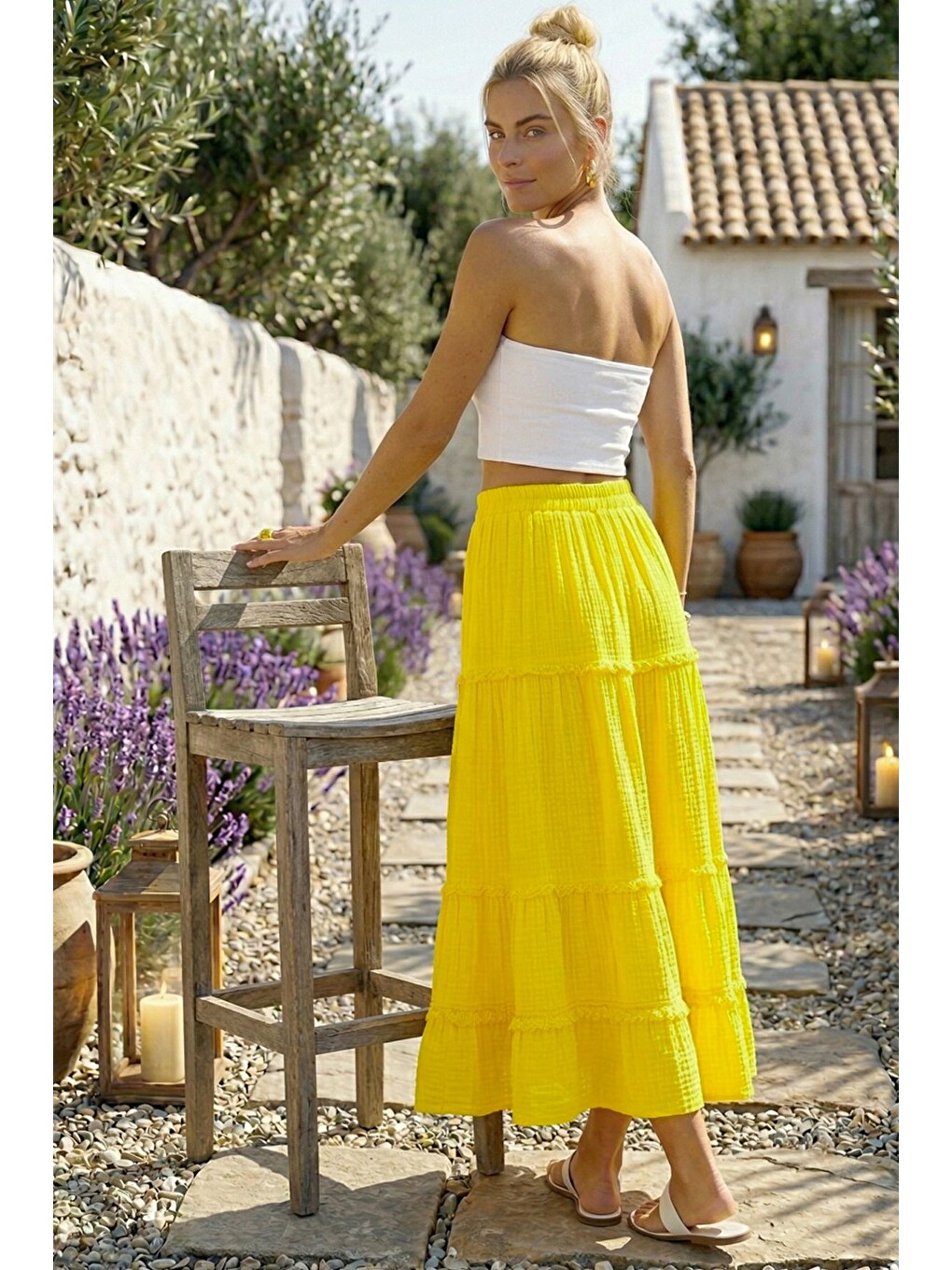Neon Sarı Yıkamalı Fırfırlı Lastikli Bel Casual Müslin Uzun Bol Dokuma Etek 98 60-5