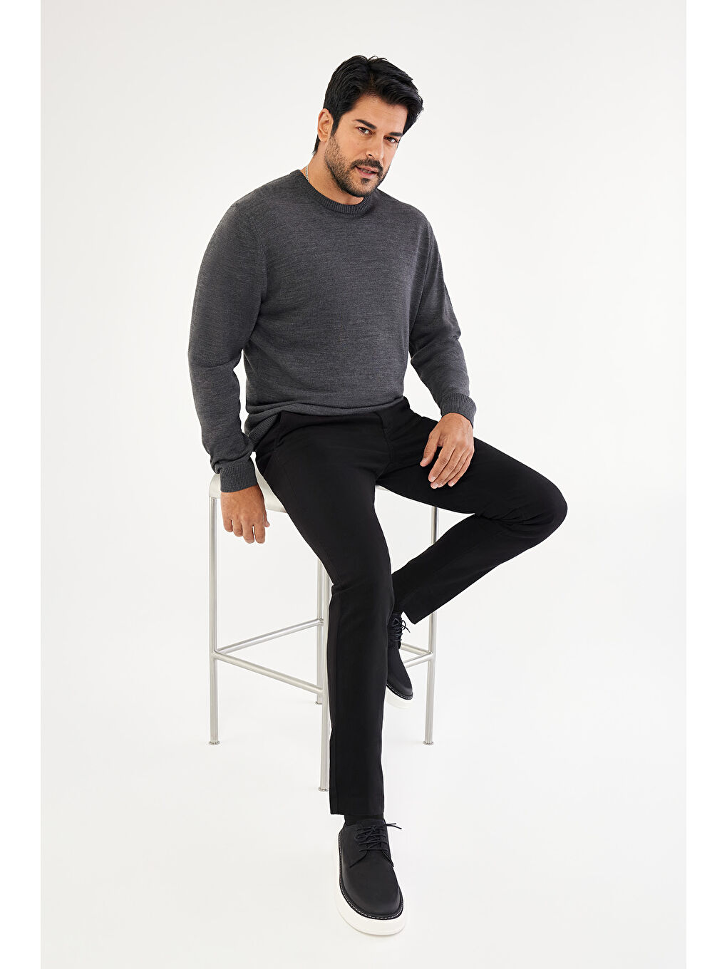 Erkek Antrasit-Melanj Bisiklet Yaka Triko Kazak-1