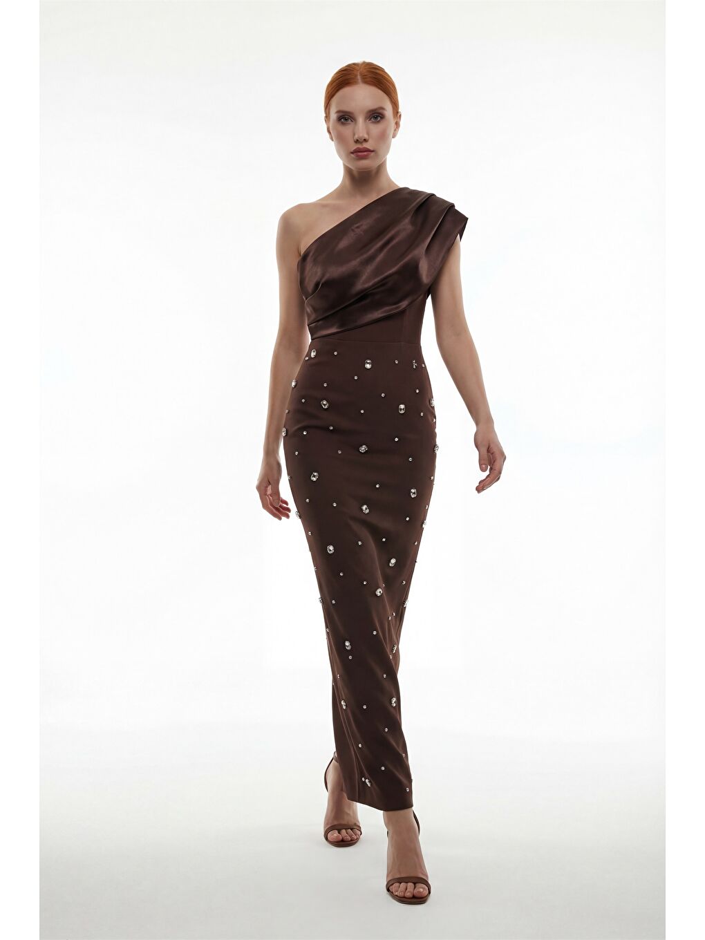 Kadın Kahverengi Dar Kalıp Tek Omuz Taşlı Söz Nişan Nikah Abiye Elbise