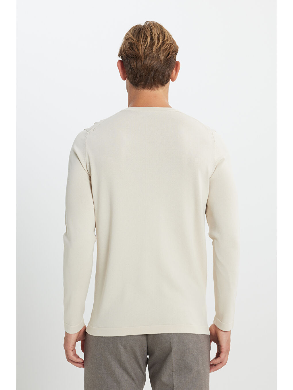 Erkek Bej Standart Fit Normal Kesim Bisiklet Yaka Triko Basic Kazak-4