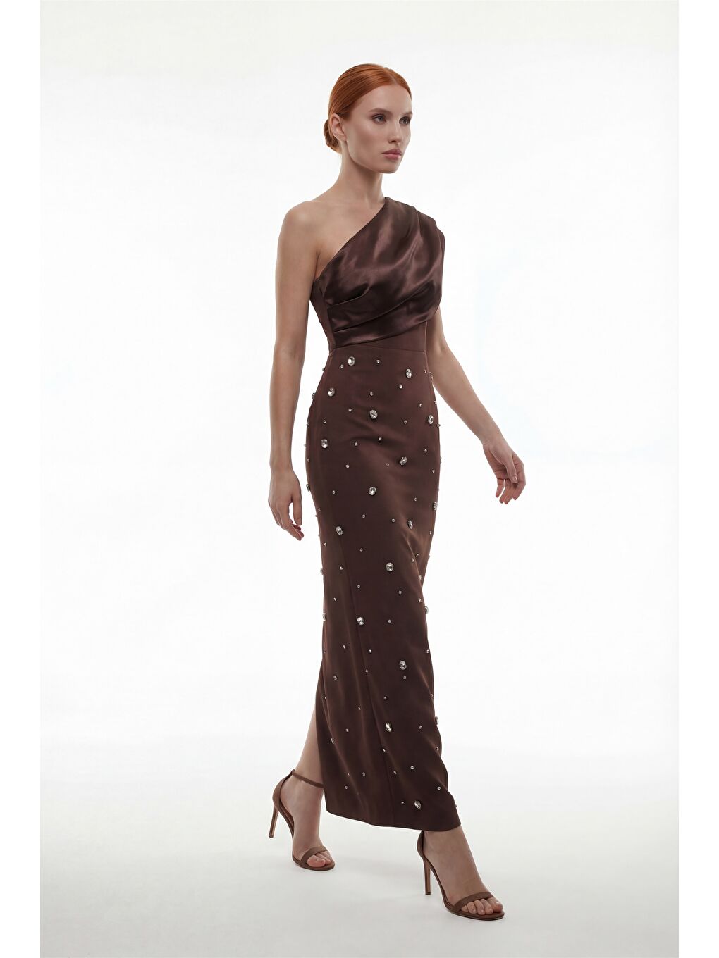 Kadın Kahverengi Dar Kalıp Tek Omuz Taşlı Söz Nişan Nikah Abiye Elbise-1