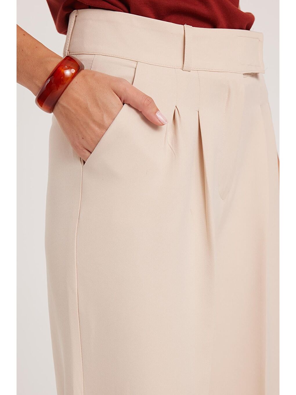 Kadın Regular Fit Klasik Kesim Cırt Kapamalı Palazzo Bej Pantolon-2