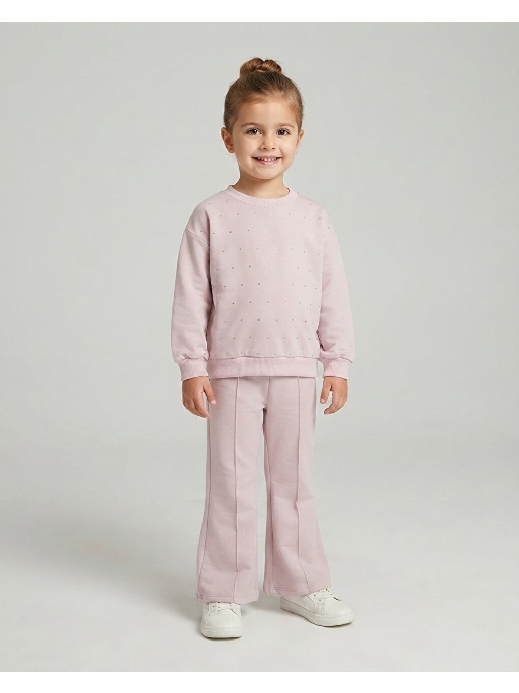 Pembe Kız Çocuk Mevsimlik Taşlı, Çimalı Pantalonlu Eşofman Takımı-1