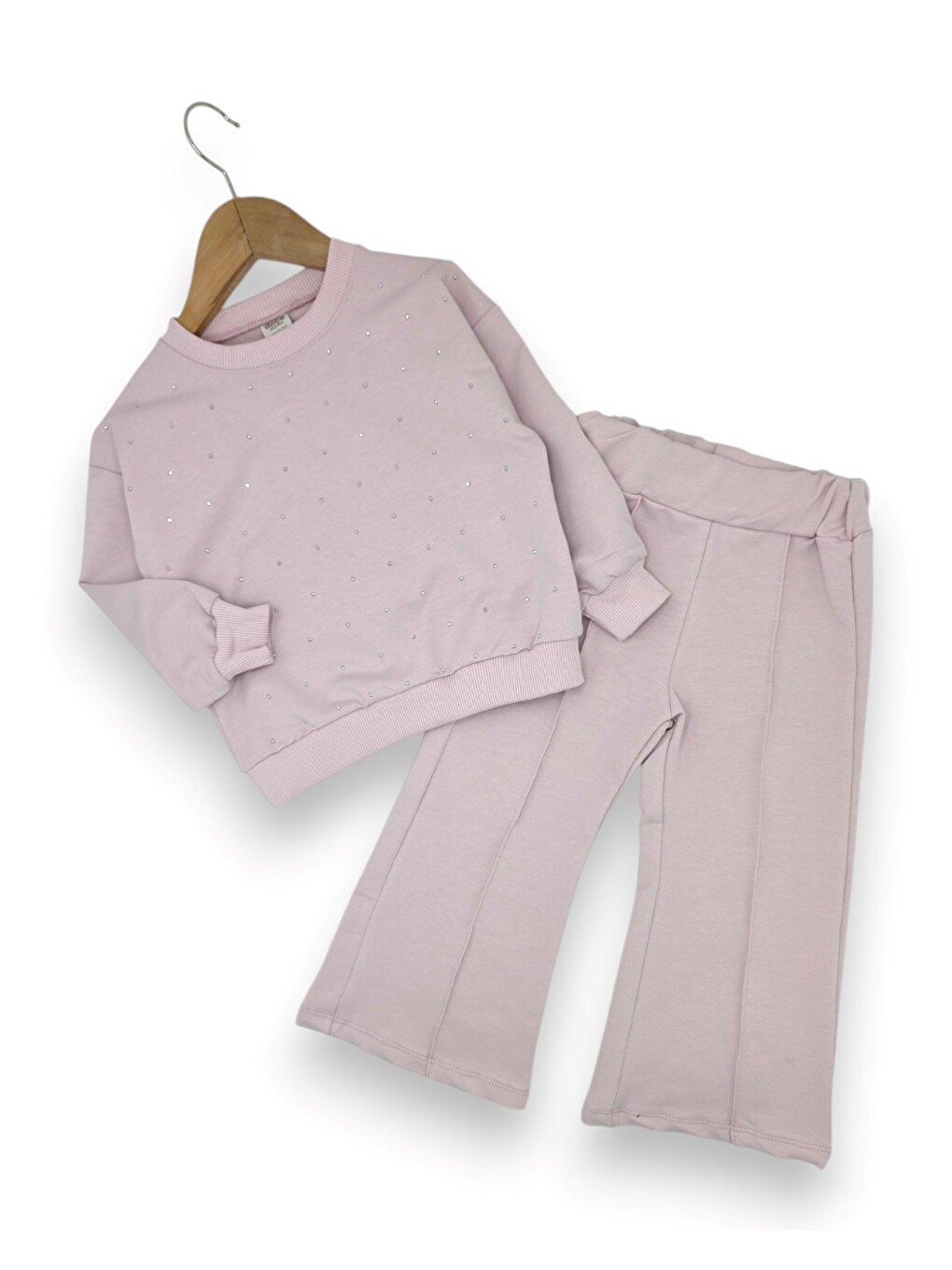 Pembe Kız Çocuk Mevsimlik Taşlı, Çimalı Pantalonlu Eşofman Takımı-6